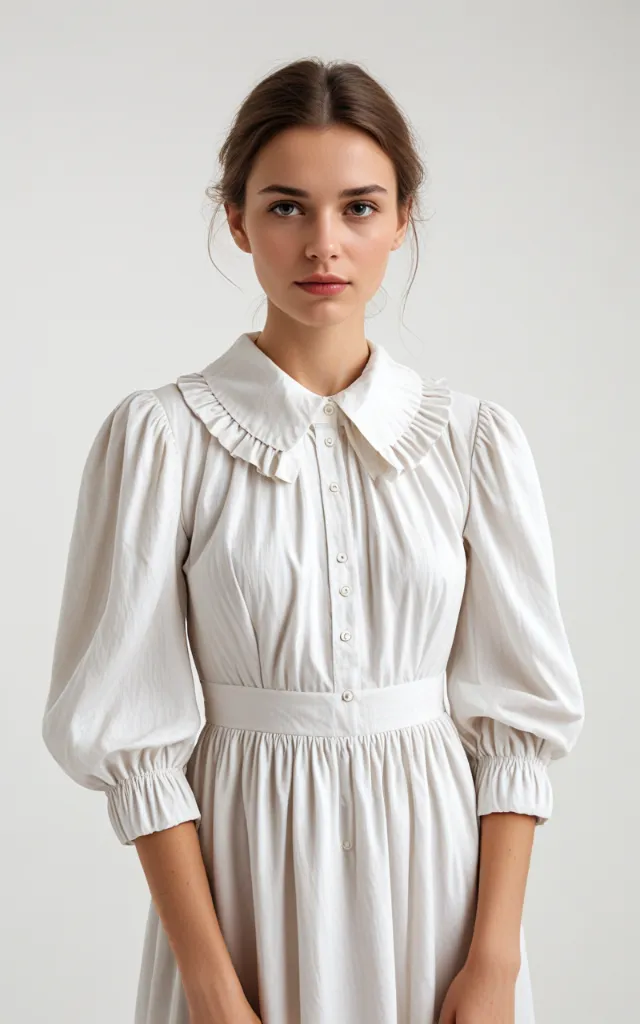 A European female model wearing a dress with a Gathered collar, white background, bust portrait